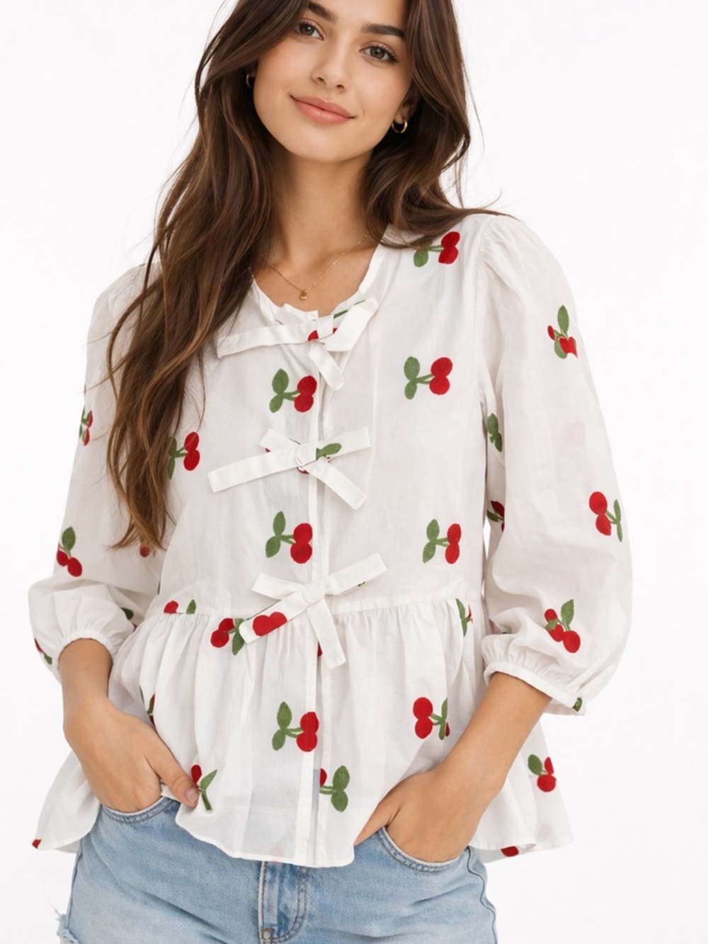 White Cherry Print Tie-Front Peplum Blouse